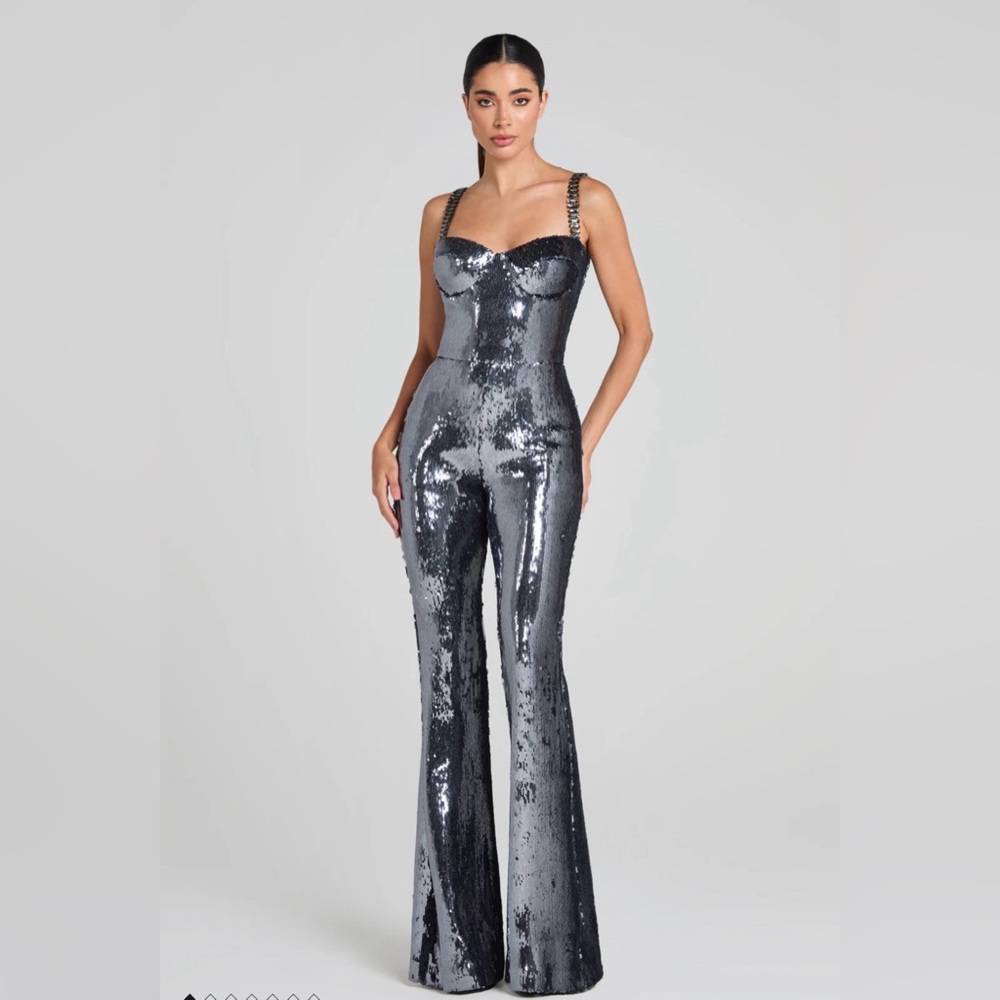 NADINE MERABI Beverly Silver Sequin Jumpsuit